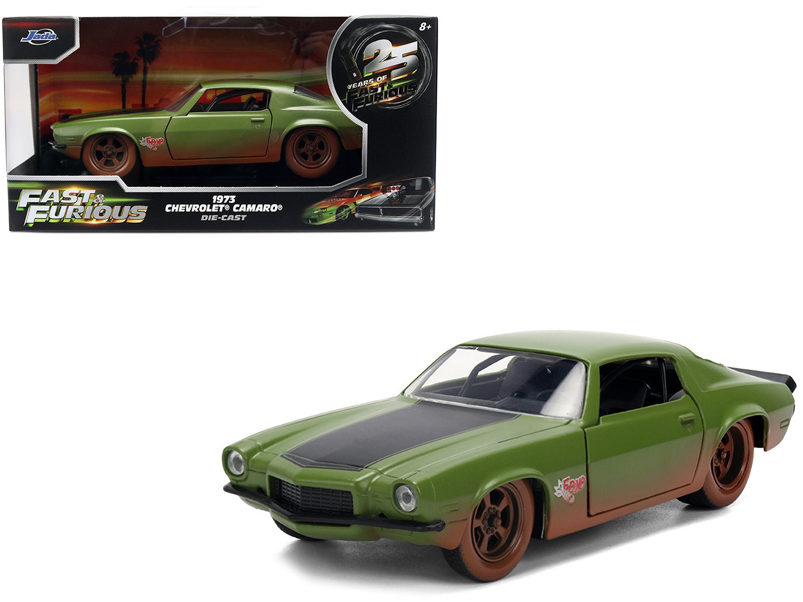 Dom's 1973 Chevrolet Camaro "F-Bomb" Matt Green (Dirty Version) with Black Hood Stripe "Fast & Furious" (2009) Movie "Fast & Furious 25 Years" Series 1/32 Diecast Model Car by Jada  free shipping USA