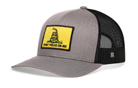 Dont Tread On Me Trucker Hat  |  Black Gadsden Flag Yellow Snapback