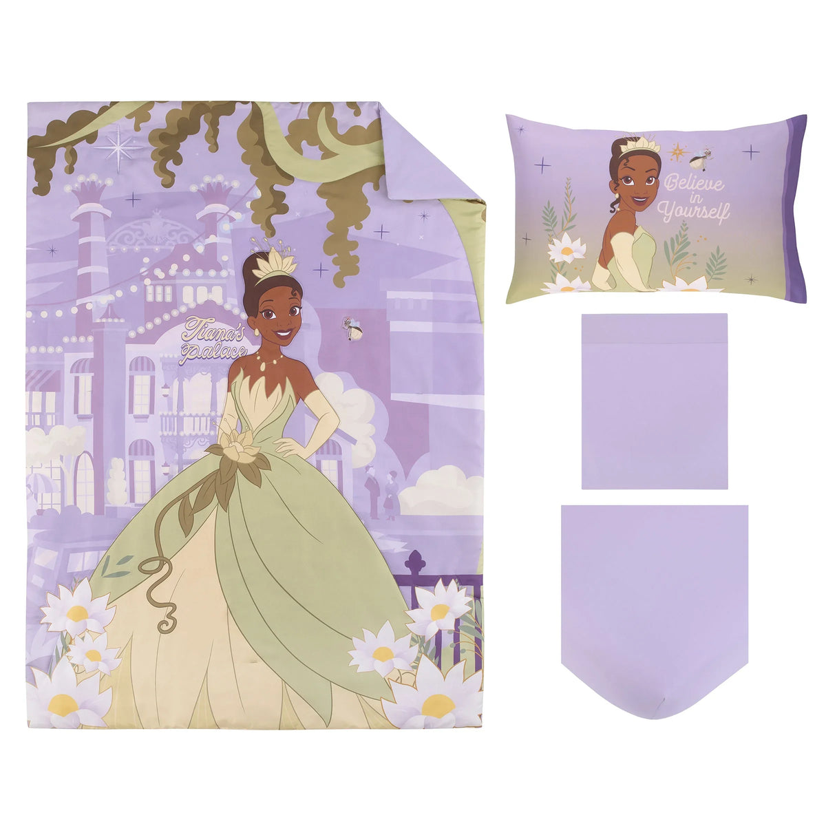 NoJo Disney Princess Tiana Create Your World 4 Piece Toddler Bed Set - Comforter, Fitted Bottom Sheet, Flat Top Sheet, Reversible Pillowcase, Lavender, Green, Yellow - BIG FRENCHIES