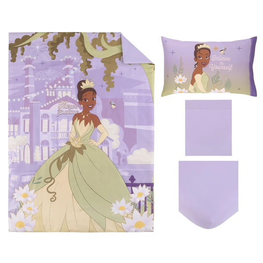 NoJo Disney Princess Tiana Create Your World 4 Piece Toddler Bed Set - Comforter, Fitted Bottom Sheet, Flat Top Sheet, Reversible Pillowcase, Lavender, Green, Yellow - BIG FRENCHIES