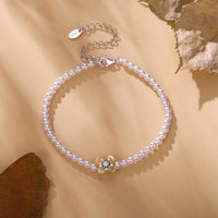 925 Sterling Silver White Gold Plated Nacre Synthetic Pearl CZ 16+5cm Bracelet for Women