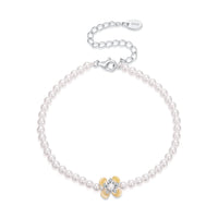 925 Sterling Silver White Gold Plated Nacre Synthetic Pearl CZ 16+5cm Bracelet for Women