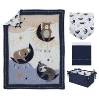 Goodnight Sleep Tight White and Blue Koala, Sloth, Bear, Star, and Moon 4 Piece Nursery Crib Bedding Set - Comforter, 100% Cotton Fitted Crib Sheet, Crib Skirt, and Storage - BIG FRENCHIES