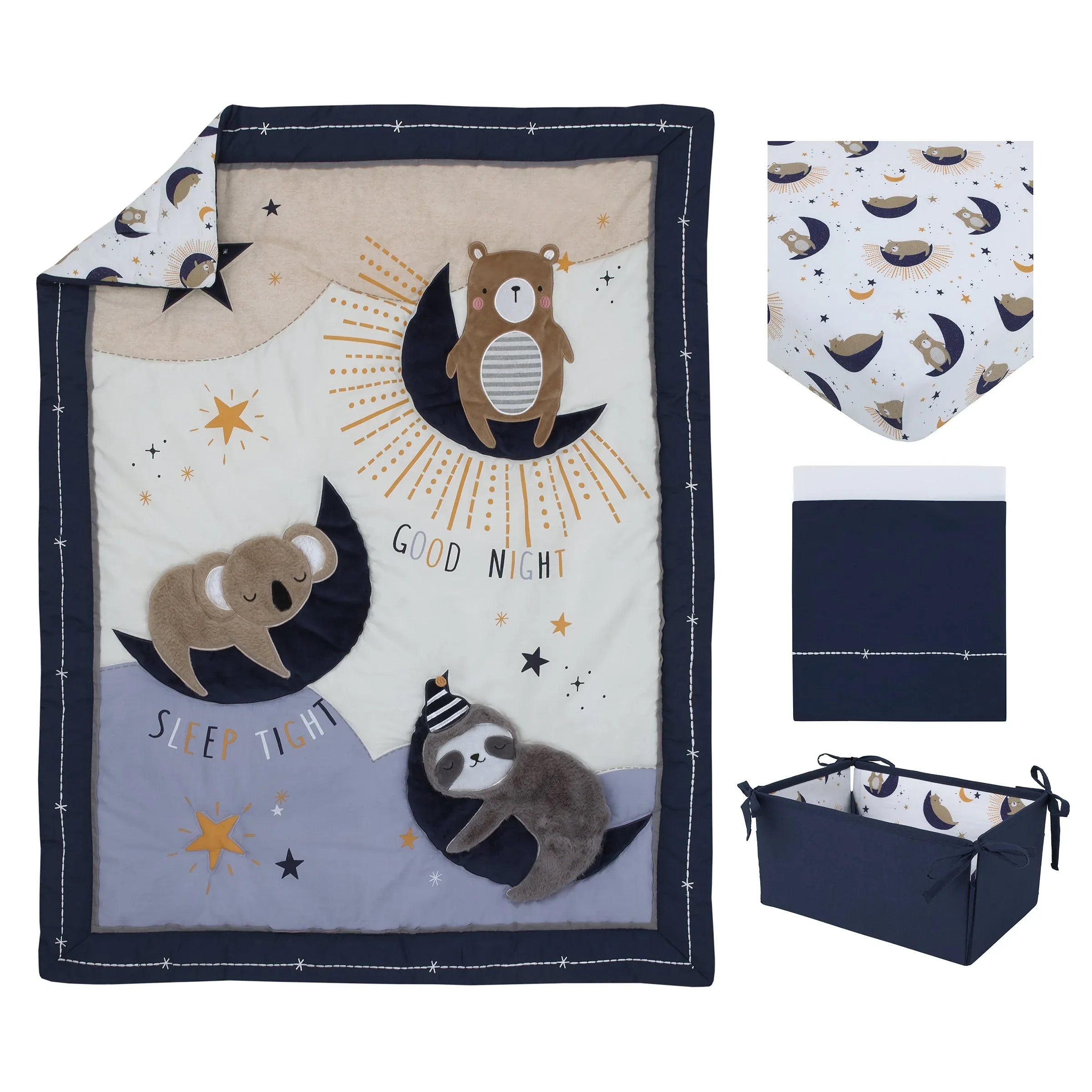 Goodnight Sleep Tight White and Blue Koala, Sloth, Bear, Star, and Moon 4 Piece Nursery Crib Bedding Set - Comforter, 100% Cotton Fitted Crib Sheet, Crib Skirt, and Storage - BIG FRENCHIES