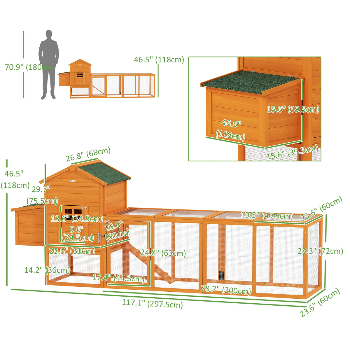 117" Extra Large Chicken Coop with Asphalt Roof, Wooden Hen House with Slide-out Tray, Quail Hutch with Nesting Box, Ora