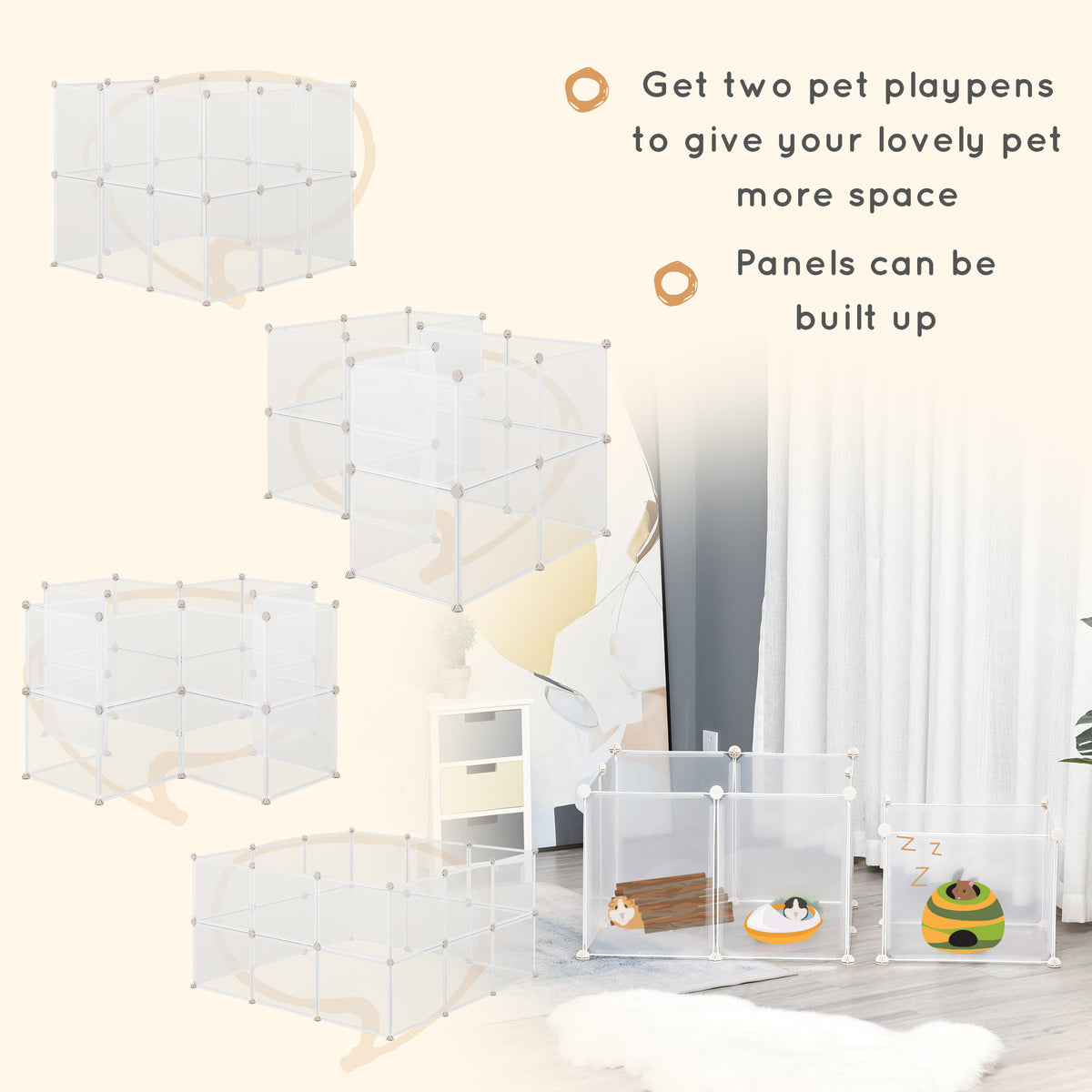 Pet Playpen DIY Small Animal Cage Open Enclosure Portable Plastic Fence 12 Panels for Guinea Pig Hedgehog White, 18" x 1