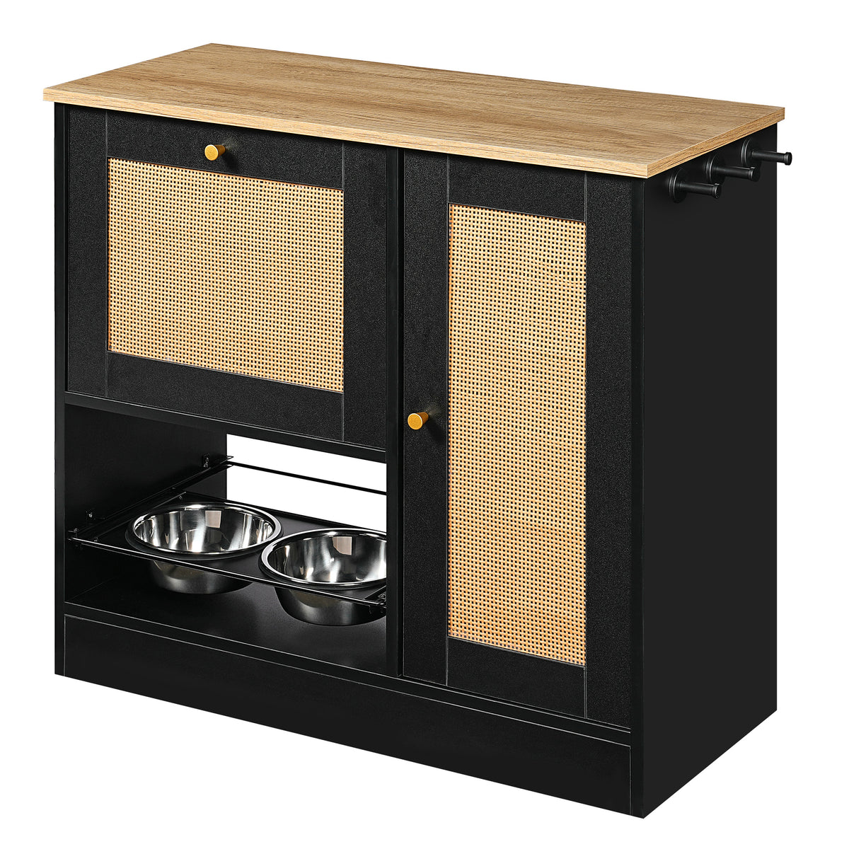 Feeding station with 2 lockers, pet feeding station with 2 elevated dog bowls, side hooks, anti-tipping kit, hidden pet 