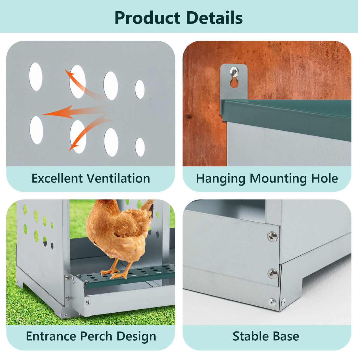 6 Compartments Chicken Nesting Box For Laying Eggs, Roll Away Chicken Laying Boxes, Green