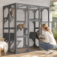 71" x 37" x 71" Outdoor Cat Enclosure, Large Wooden Cat Cage with Mesh Panels & Waterproof Roof, Well-Ventilated & Escap