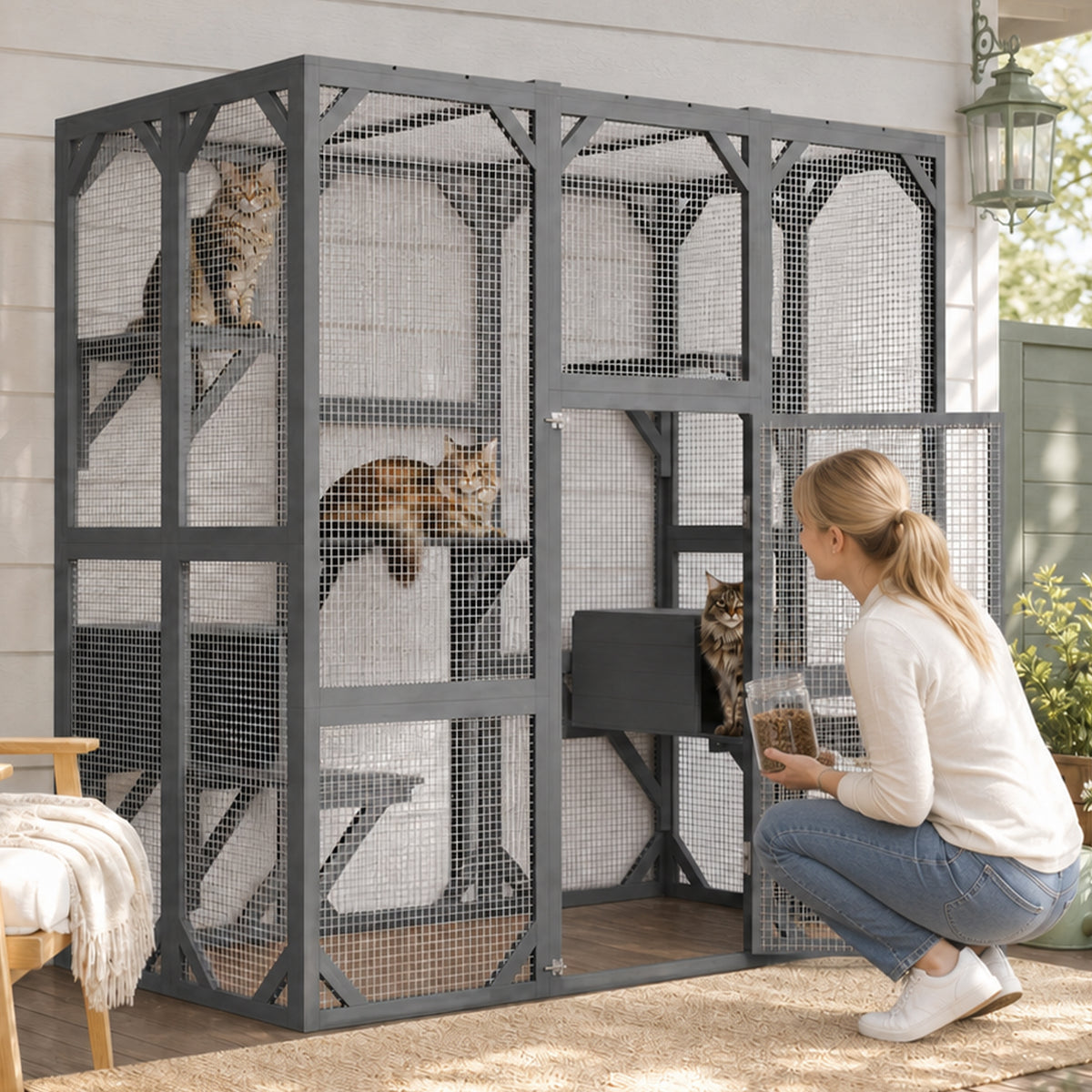71" x 37" x 71" Outdoor Cat Enclosure, Large Wooden Cat Cage with Mesh Panels & Waterproof Roof, Well-Ventilated & Escap