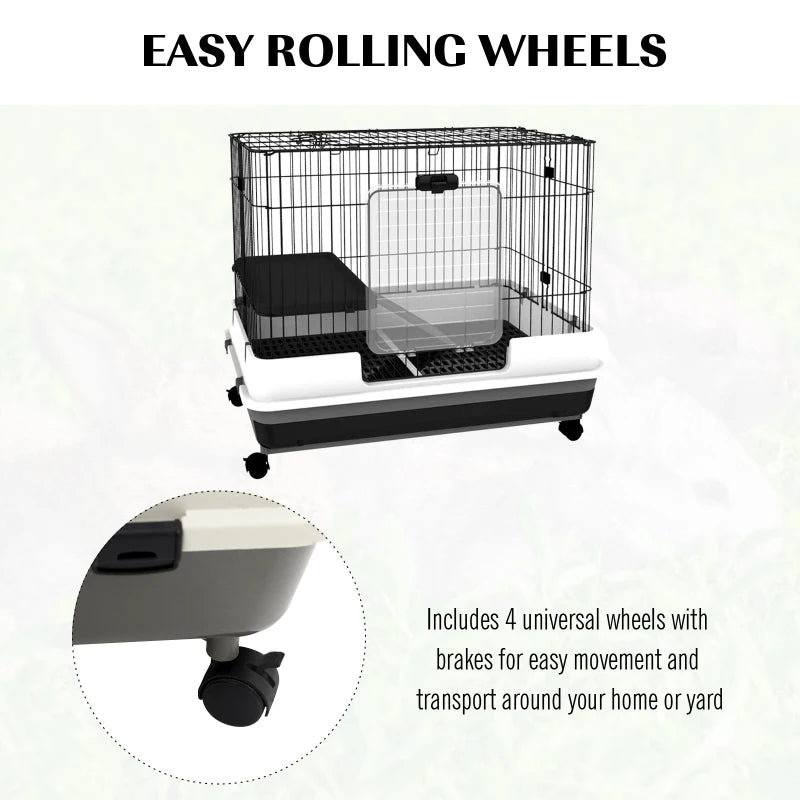 PawHut 2-Level Small Animal Cage Rabbit Hutch With Wheels, Removable Tray, Platform And Ramp For Bunny, Chinchillas, Fer