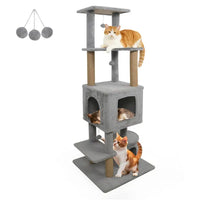 64" Light Gray Cat Tower With Plush Perches & 3 Dangling Balls, Jute Scratching Posts & Anti-Tipping Device For Multi-Ca