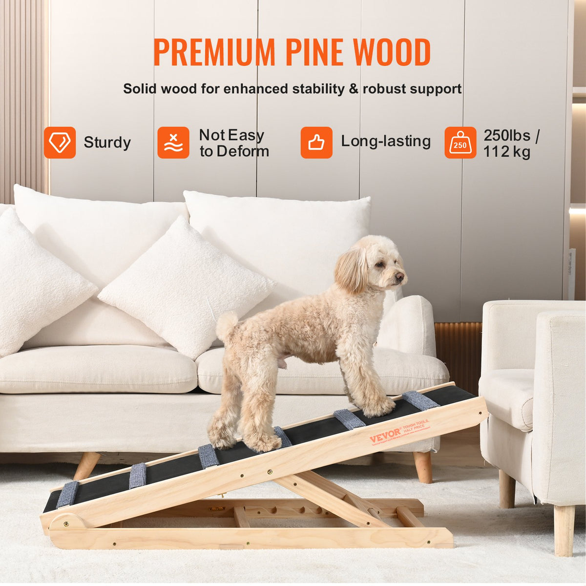 Dog Ramp, Folding Pet Ramp For Bed, Adjustable Dog Ramp For Small, Large, Old Dogs & Cats, Wooden Pet Ramp With 41.3' Lo