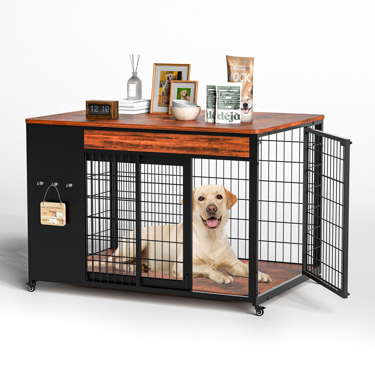 42-Inch Double Wide Wooden Double-Door Dog Crate Side Table Combo - Heavy-Duty DIY Assembly, Chew-Resistant Construction