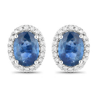 2.16 Carat Genuine Blue Sapphire and White Diamond 14K White Gold Earrings