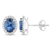 2.16 Carat Genuine Blue Sapphire and White Diamond 14K White Gold Earrings