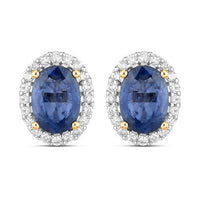 2.16 Carat Genuine Blue Sapphire and White Diamond 14K Yellow Gold Earrings