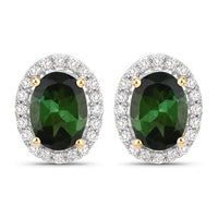 1.92 Carat Genuine Green Tourmaline and White Diamond 14K Yellow Gold Earrings