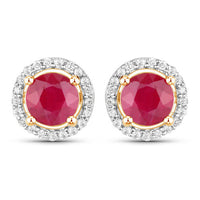 1.22 Carat Genuine Ruby and White Diamond 14K Yellow Gold Earrings