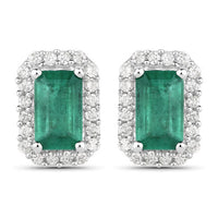 0.91 Carat Genuine Zambian Emerald and White Diamond 14K White Gold Earrings
