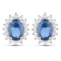 2.22 Carat Genuine Blue Sapphire and White Diamond 14K White Gold Earrings