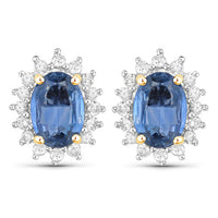2.22 Carat Genuine Blue Sapphire and White Diamond 14K Yellow Gold Earrings