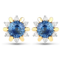 1.87 Carat Genuine Blue Sapphire and White Diamond 14K Yellow Gold Earrings
