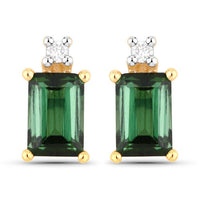 1.24 Carat Genuine Green Tourmaline and White Diamond 14K Yellow Gold Earrings