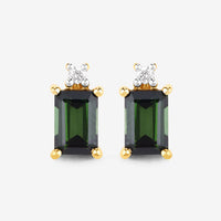 1.24 Carat Genuine Green Tourmaline and White Diamond 14K Yellow Gold Earrings