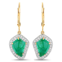 6.40 Carat Genuine Colombian Emerald and White Diamond 14K Yellow Gold Earrings