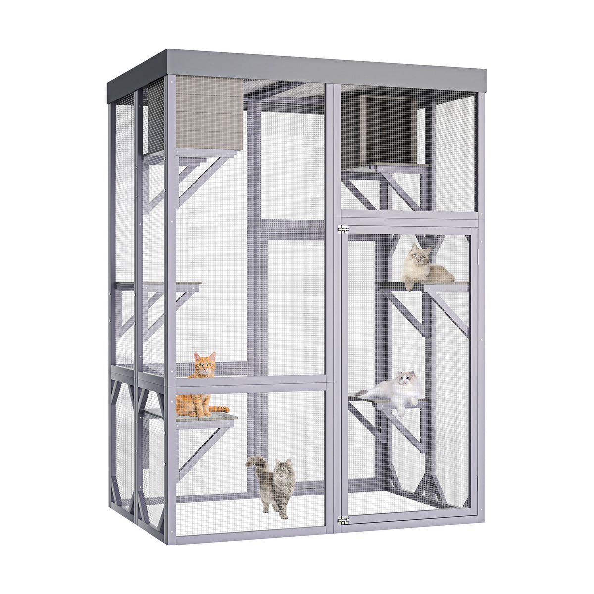 Outdoor Wooden Catio Multi-functional Cat Enclosure, 4 Platforms & 2 Napping Houses, 2 Strong Locks, Rounded Corner, Ste