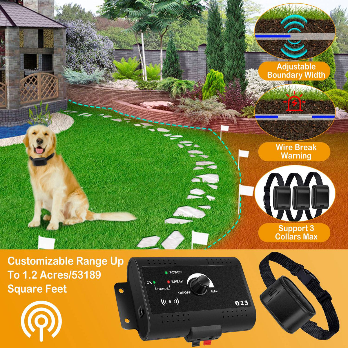 1Set Electric Dog Fence System Pet Tone Shock Boundary Containment Water Resistant Collar Receiver For Small Medium Larg