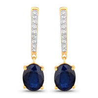 3.24 Carat Genuine Blue Sapphire and White Diamond 14K Yellow Gold Earrings