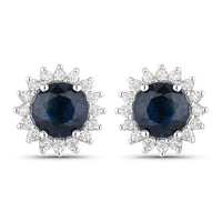 2.38 Carat Genuine Blue Sapphire and White Diamond 14K White Gold Earrings
