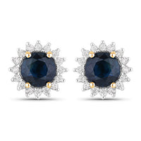2.38 Carat Genuine Blue Sapphire and White Diamond 14K Yellow Gold Earrings