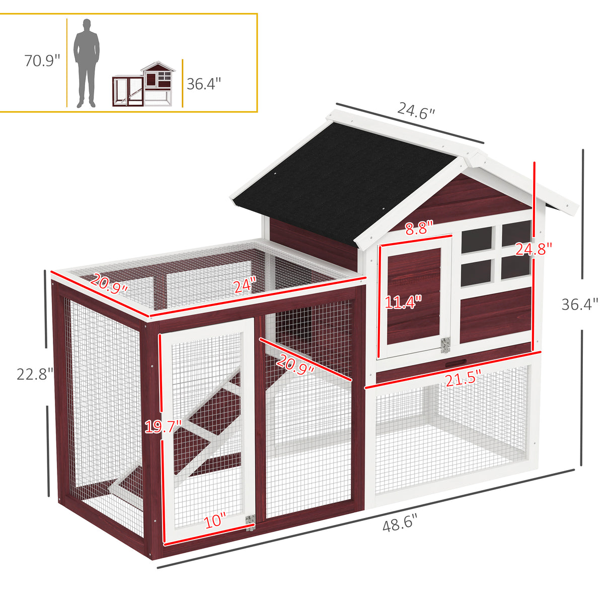 49" Wooden Rabbit Hutch Bunny Cage with Waterproof Asphalt Roof, Fun Outdoor Run, Removable Tray and Ramp, for Rabbits, 