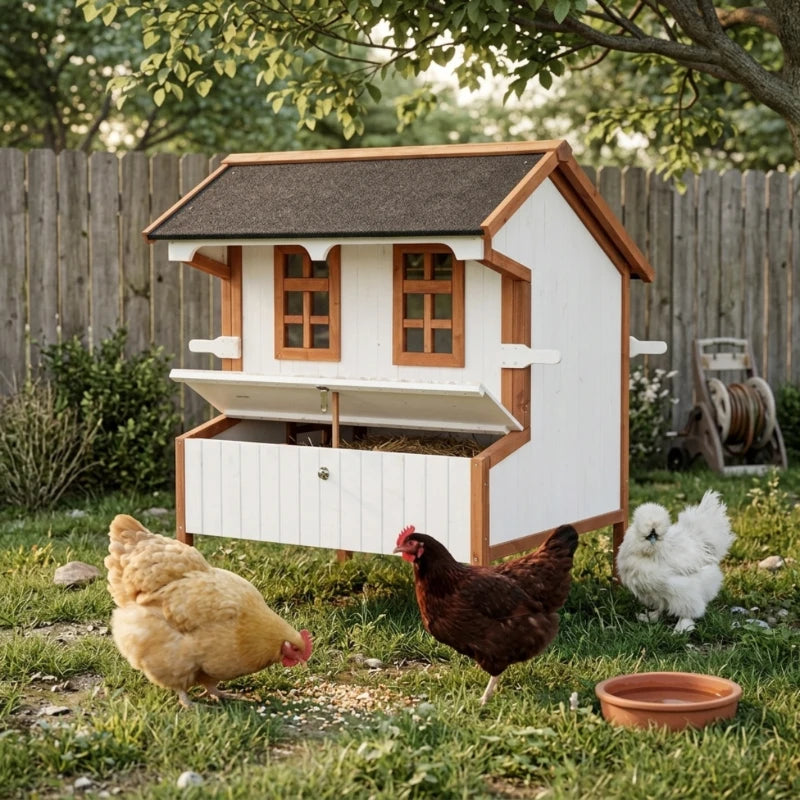 47Chicken Coop, Wooden Chicken House Raised Rabbit Hutch With Waterproof Roof, Nesting Box And Handles For 3-5 Hens, Pou