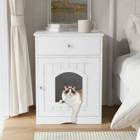 White Wooden Cat Litter Box Enclosure W Drawer & Side Table, Indoor Pet Crate Nightstand For Home