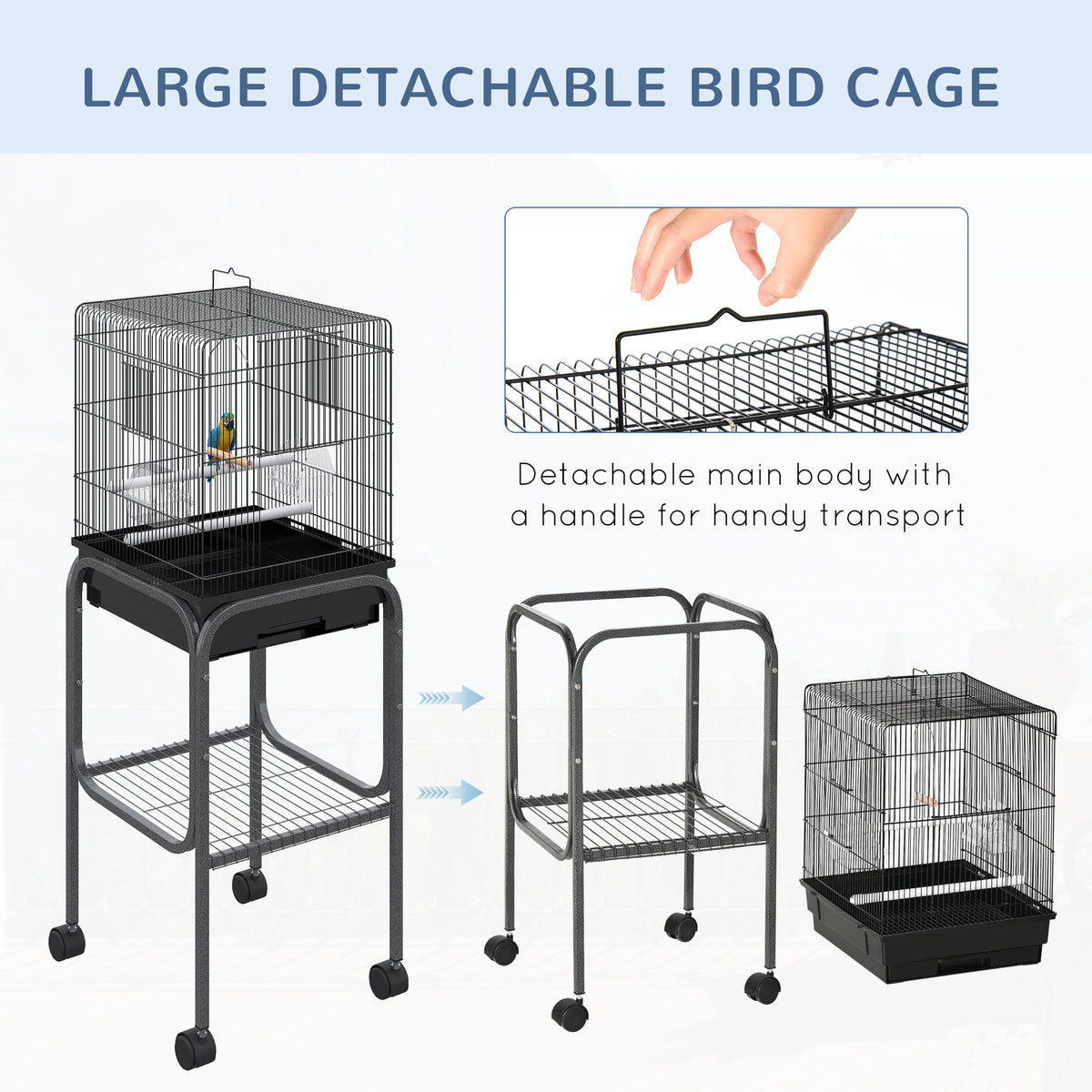45-inch Metal Indoor Bird Cage, Parrot Cage, Bird Aviary with Detachable Rolling Stand, Storage Basket, and Accessories 