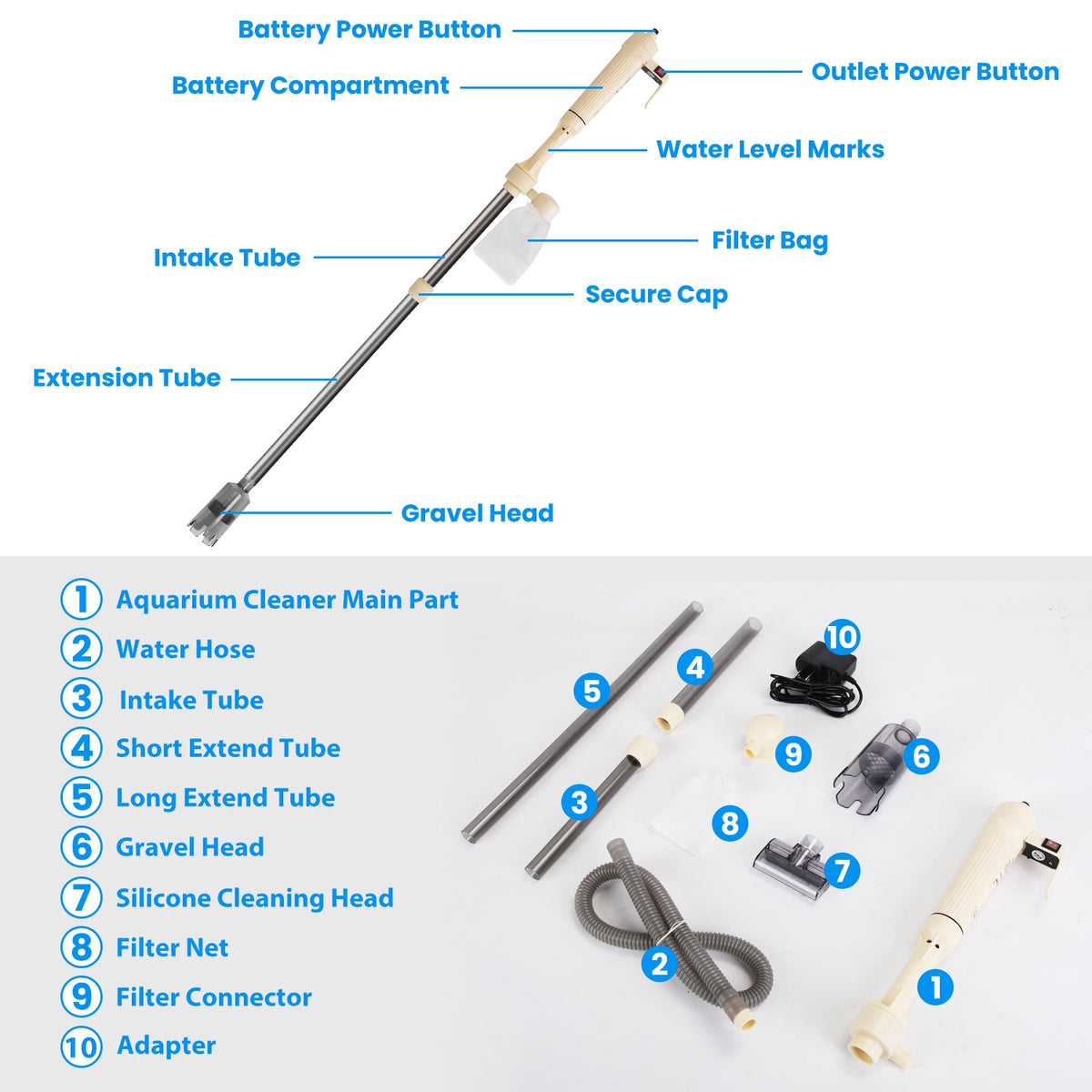 1 Set Multifunctional Electric Aquarium Gravel Cleaner Kit Length Adjustable Automatic Fish Tank Vacuum Cleaner Change W