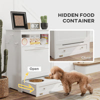 Pet Feeder Station Storage Cabinet, Dog Food Storage Container with Dog Raised Bowls, Watering Supplies, White