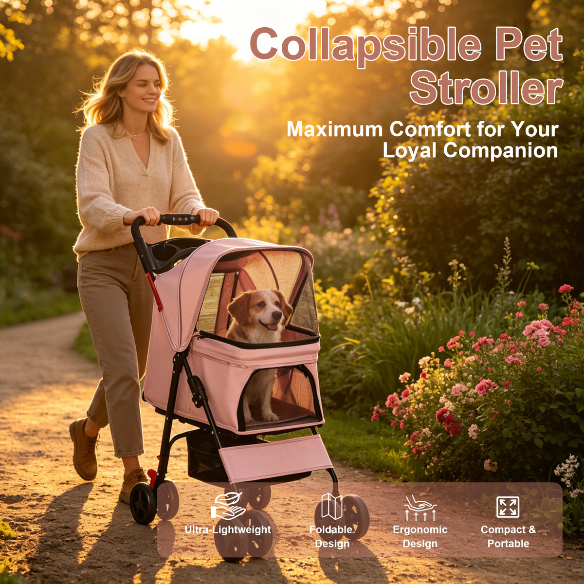 Foldable Pet Stroller for Small Dogs and Cats Under 28 lbs with Multi-Functional Tray, 2 Safety Leashes, Storage Basket 