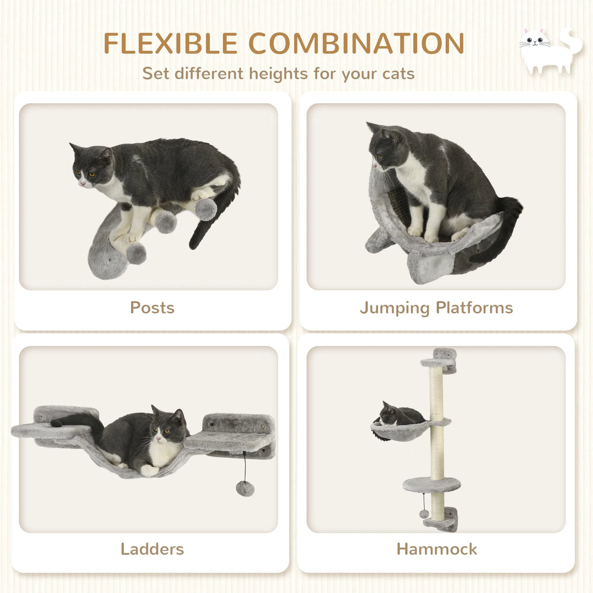 4Pcs Cat Wall Shelf with Scratching Post, Cat Wall Shelves for Relaxing, Climbing, Cat Wall With Soft Ladder, Hammock, P