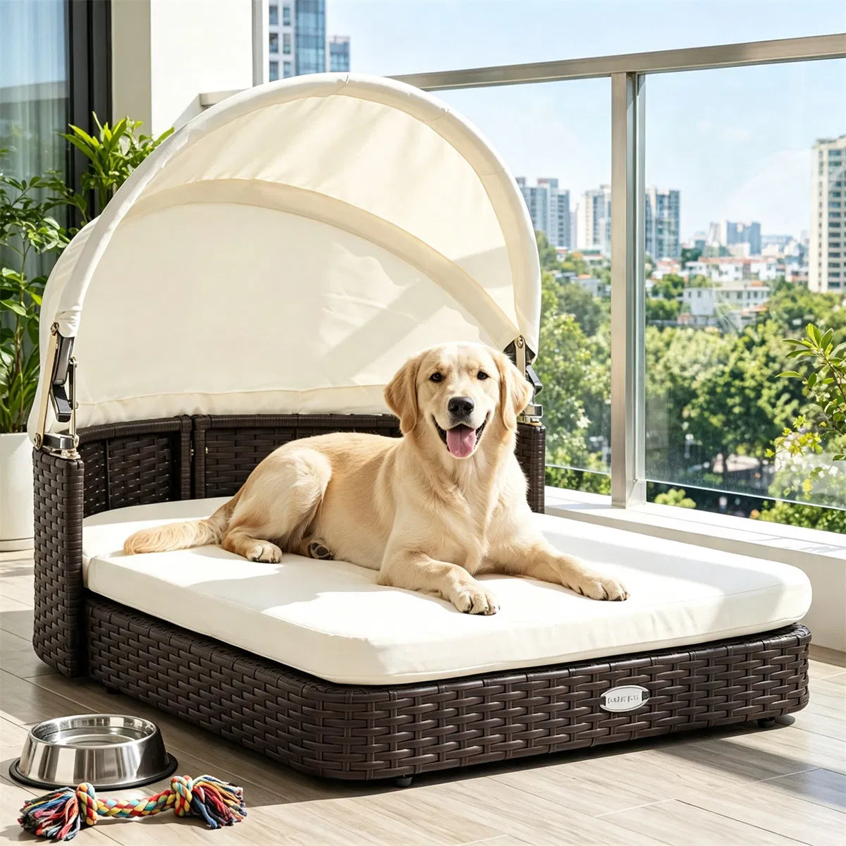 Hand-Woven PE Rattan Dog Bed with Adjustable Canopy, Elevated Outdoor Pet Daybed with Washable Plush Cushion, Anti-Slip 