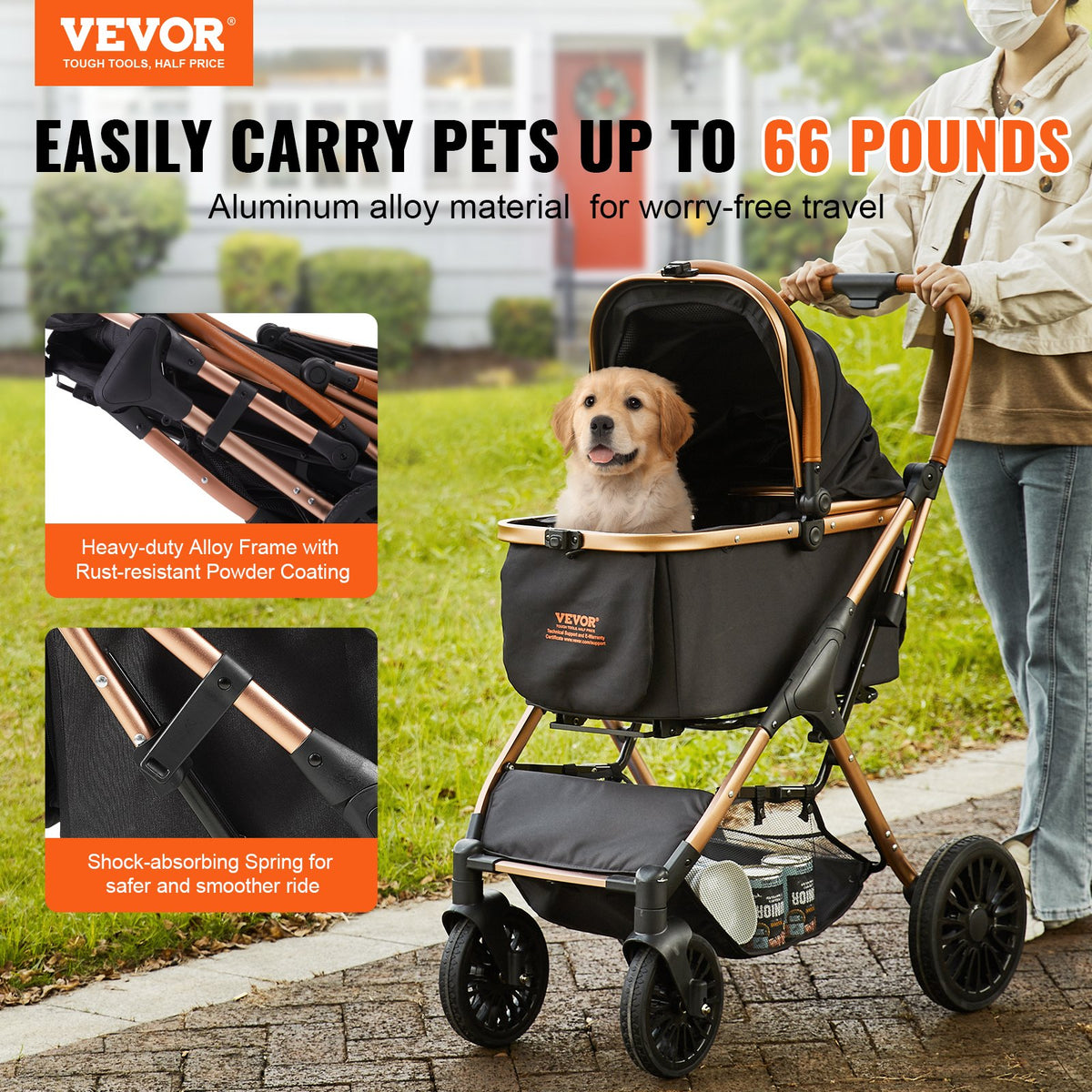Pet Stroller, 4 Wheels Dog Stroller Rotate With Brakes, 66 Lbs Weight Capacity, Puppy Stroller With Detachable Carrier, 