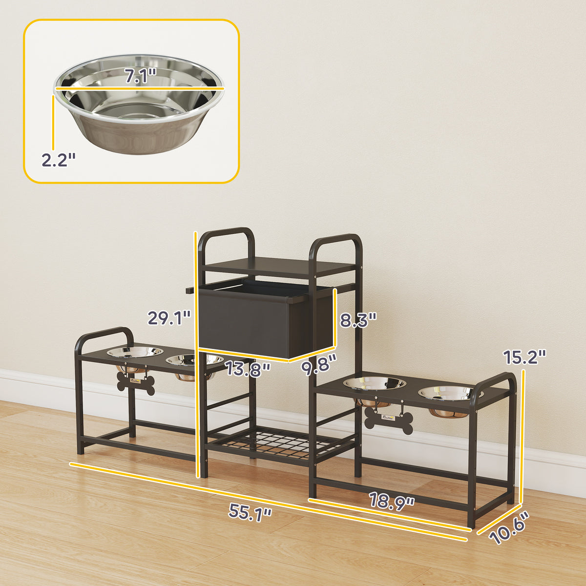 3 Height Adjustable Dog Bowl Stand with 2 Feeding Stations, Toy Bin Basket, Black