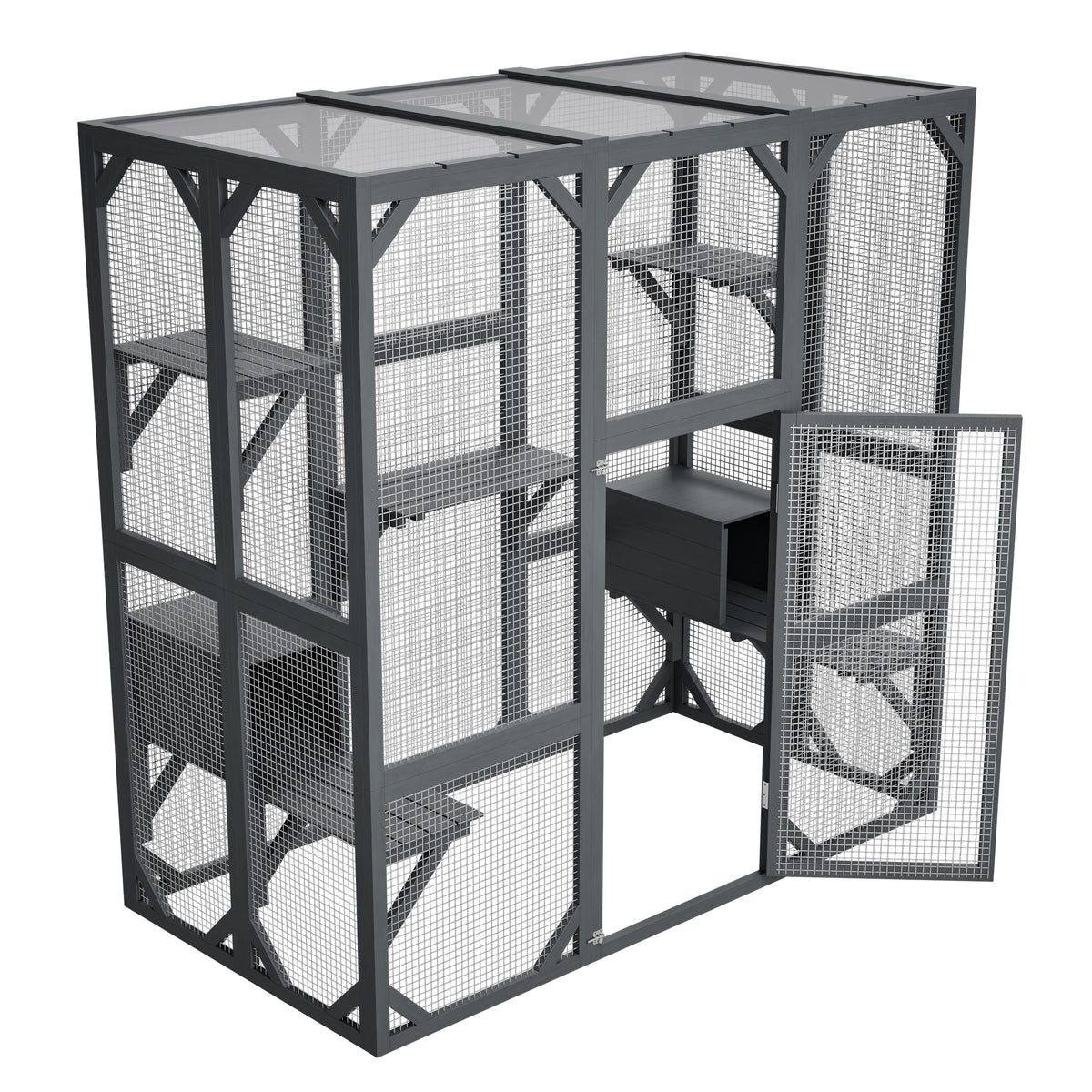 71" x 37" x 71" Outdoor Cat Enclosure, Large Wooden Cat Cage with Mesh Panels & Waterproof Roof, Well-Ventilated & Escap