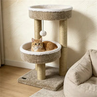 24 Inch Compact Cat Tree With 2 Plush Perches, Jute Rope Scratching Posts & Hanging Toy Ball, Stable Small Cat Tower For