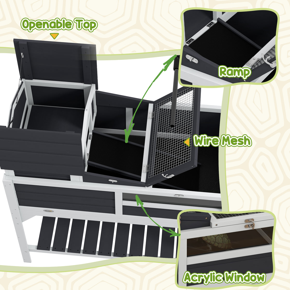 Tortoise Enclosure Tortoise House w/ Adjustable Lamp Holder, Storage Shelf, Removable Main House, Openable Lid, Gray