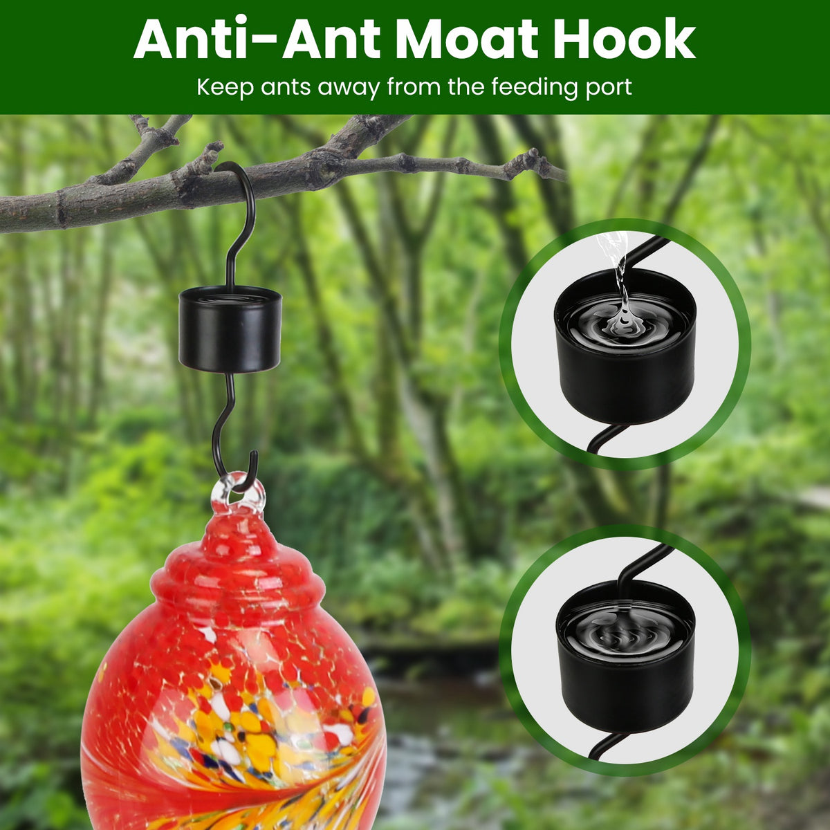1Pc Glass Hummingbird Feeder 33OZ Hand Blown Hummingbird Feeder With 5 Flower Feeding Port Perch Ant Moat Hanging Hook S
